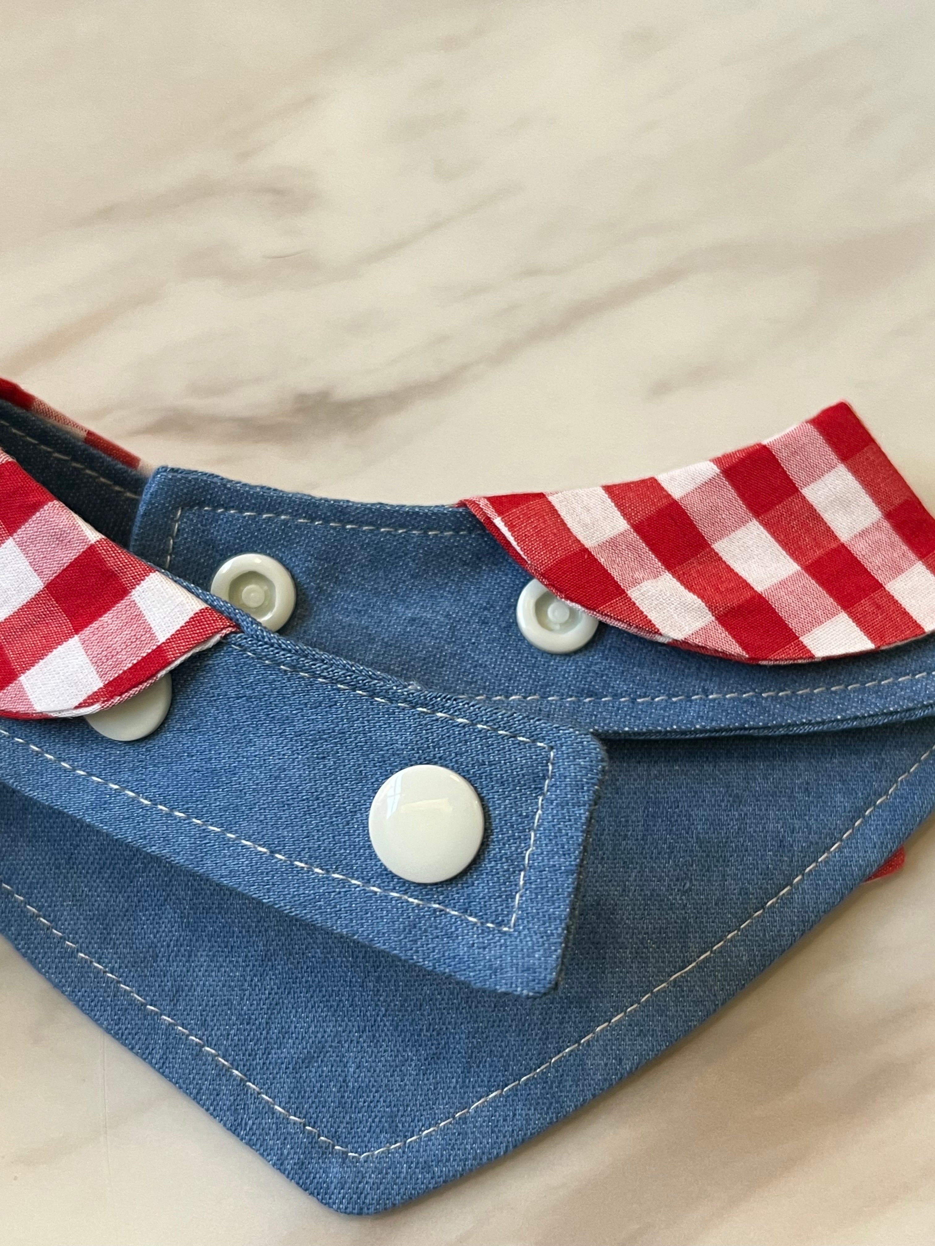 denim bib with red plaid pattern